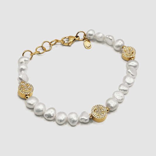 Iced Smiley Echte Parel Armband (Goud)