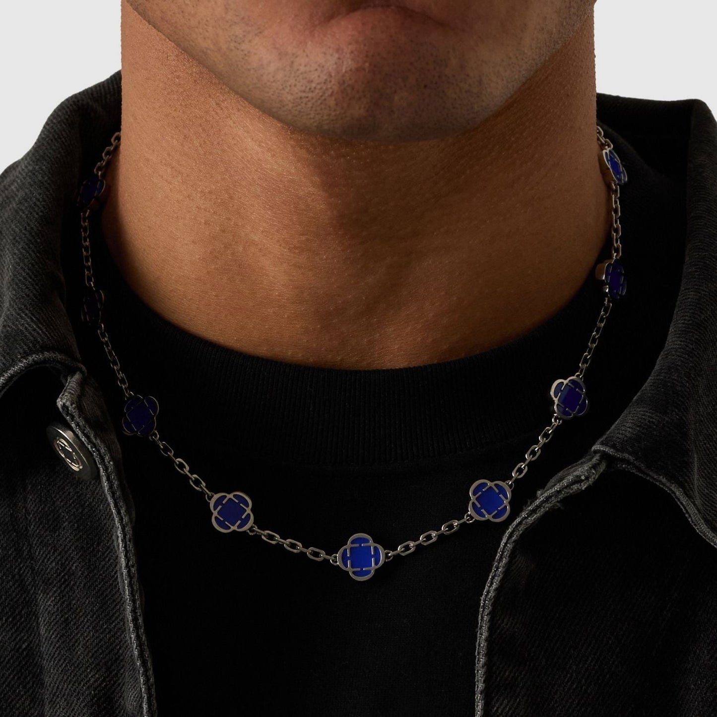 Blauwe Klaver Steen Ketting (Zilver)
