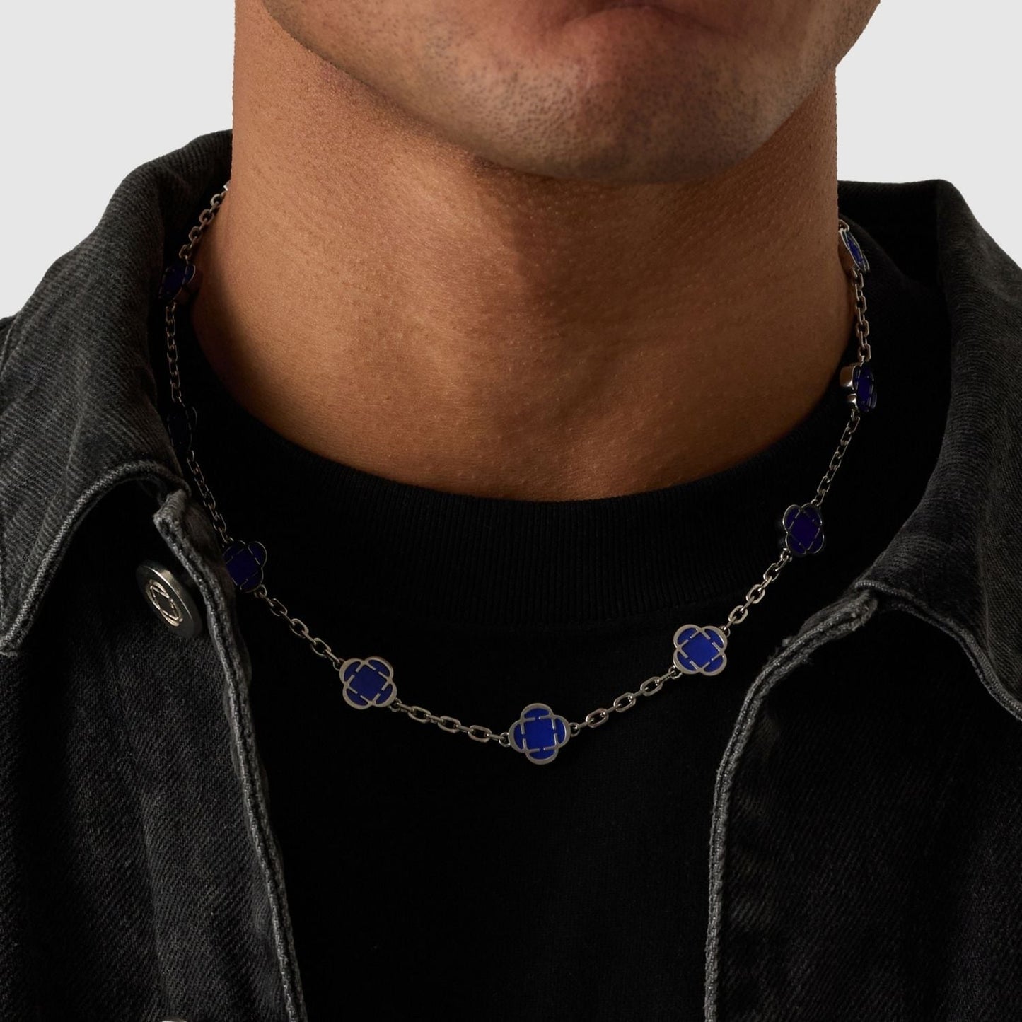 Blauwe Klaver Steen Ketting (Zilver)