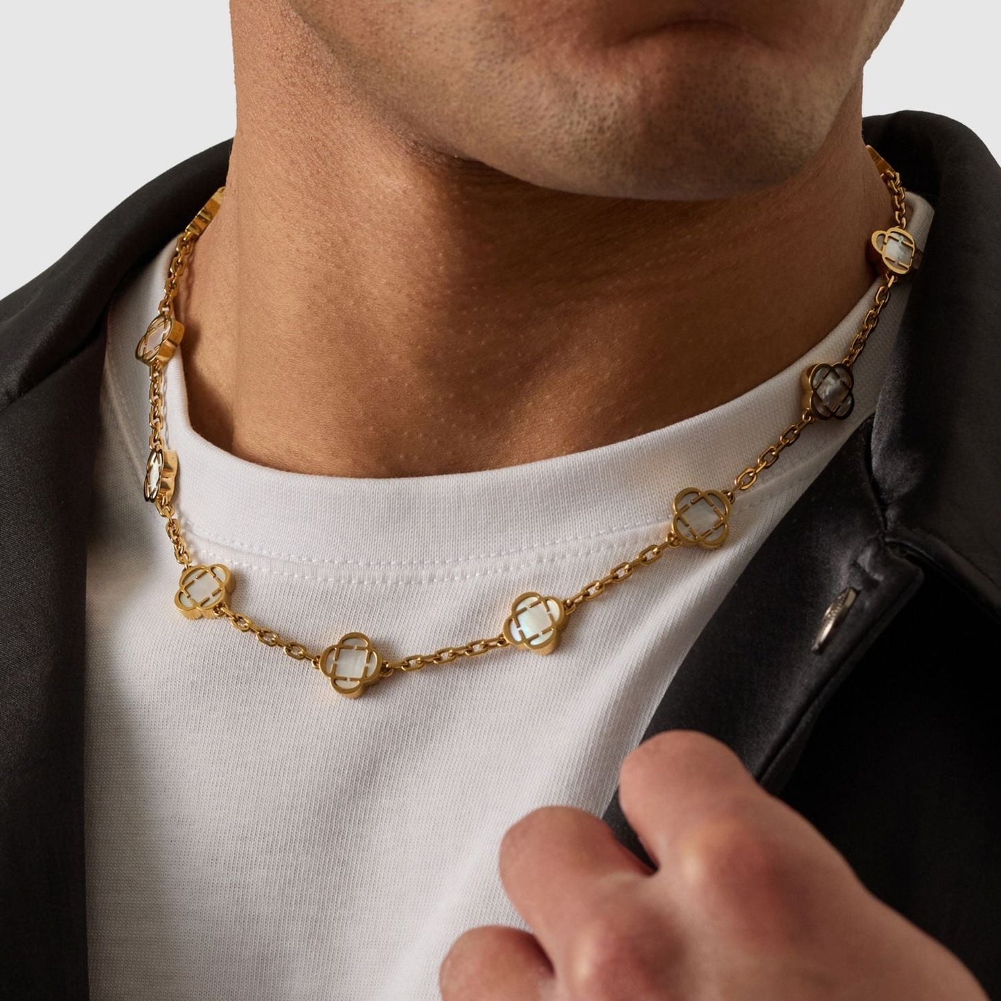Witte Klaver Steen Ketting (Goud)
