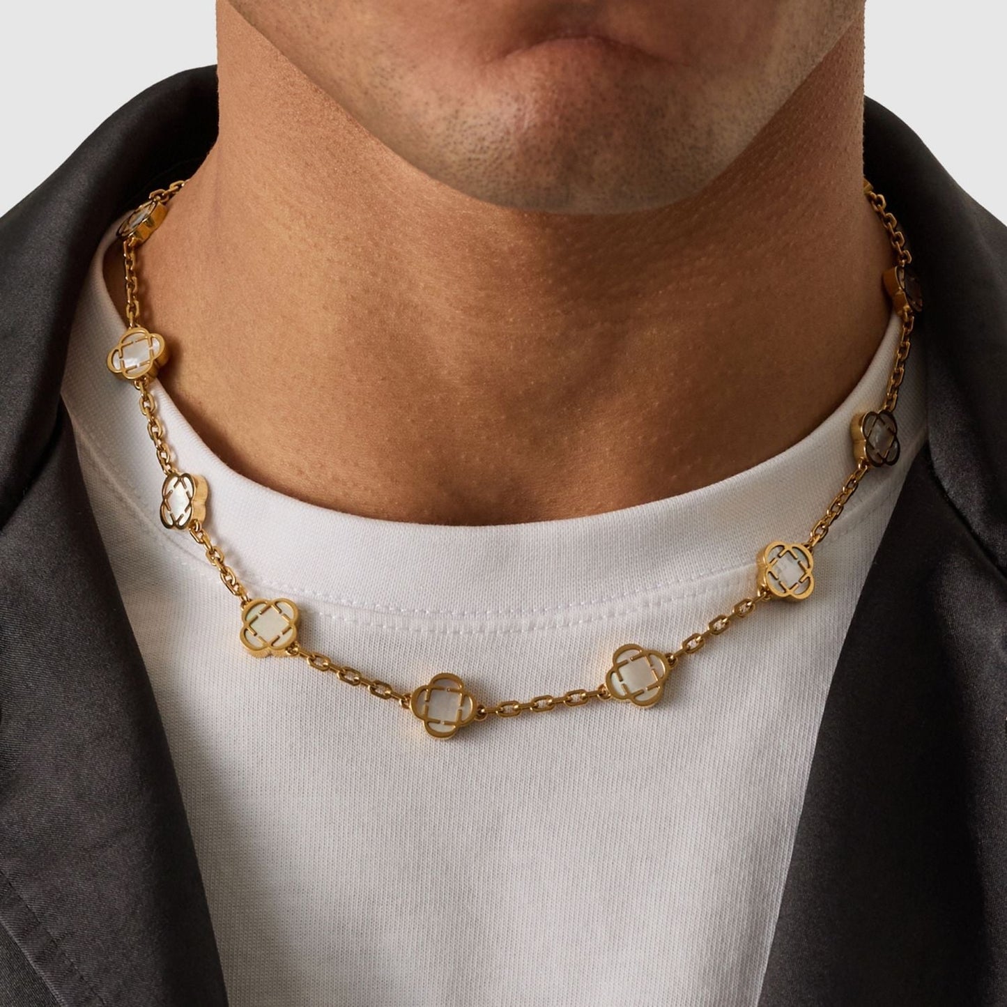 Witte Klaver Steen Ketting (Goud)