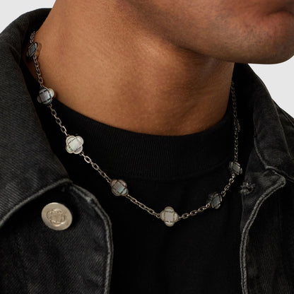 Witte Klaver Steen Ketting (Zilver)